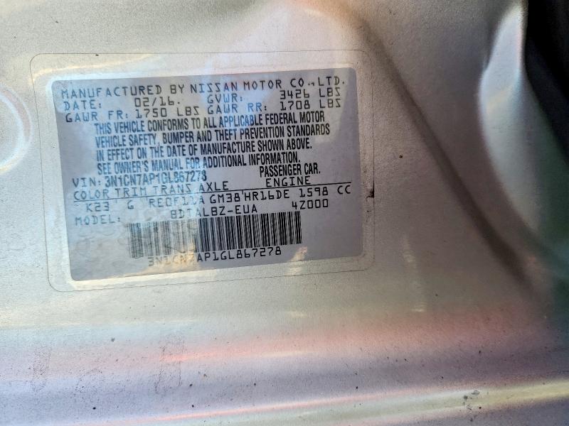 71286496 :رقم المزاد ، 3N1CN7AP1GL867278 vin ، 2016 Nissan Versa مزاد بيع