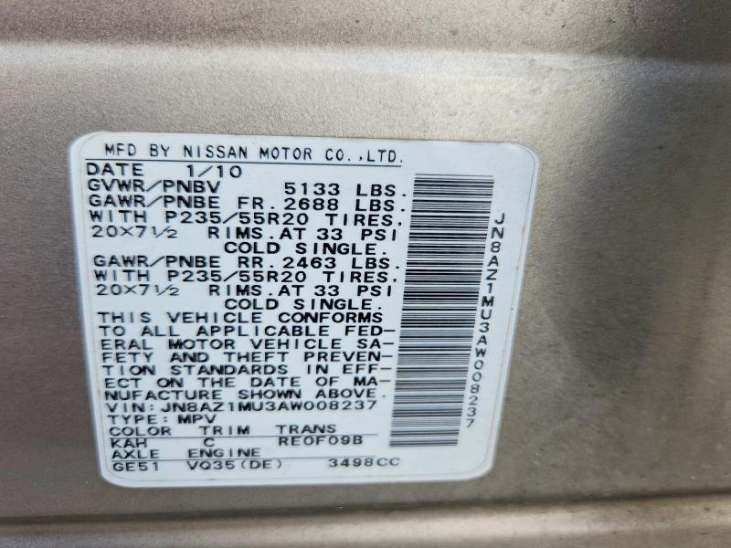Aukcja sprzedaży 2010 Nissan Murano, vin: JN8AZ1MU3AW008237, numer aukcji: 69976106