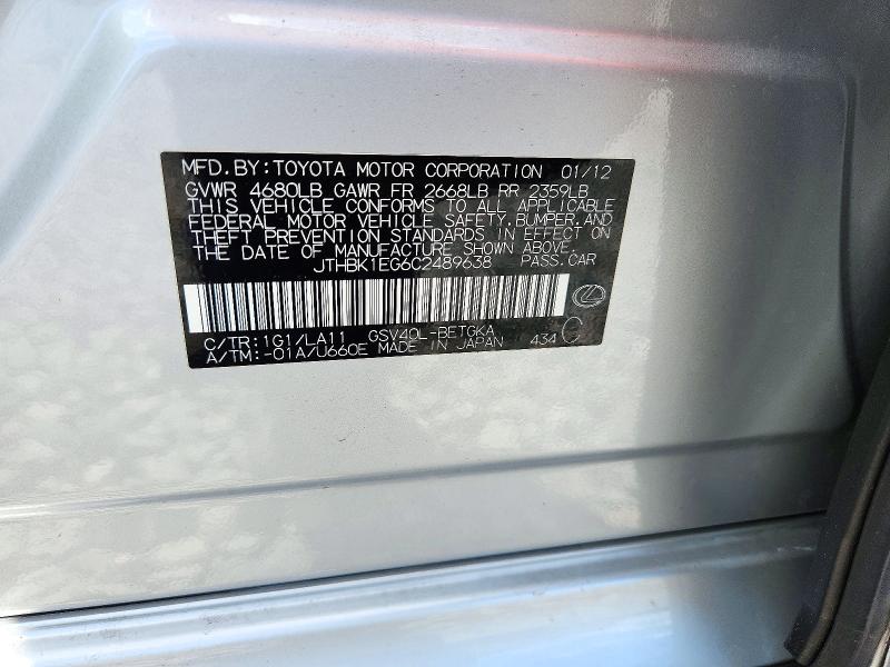 72766916 :رقم المزاد ، JTHBK1EG6C2489638 vin ، 2012 Lexus Es مزاد بيع