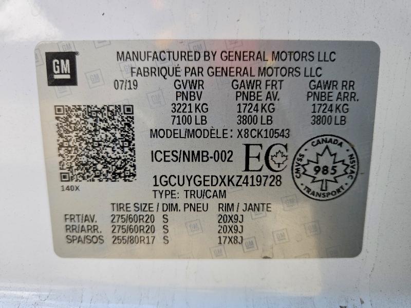 2019 Chevrolet Silverado მანქანა იყიდება აუქციონზე, vin: 1GCUYGEDXKZ419728, აუქციონის ნომერი: 70521206