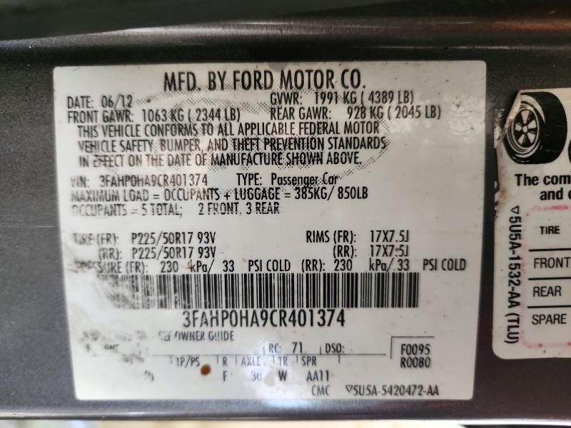 Продаж на аукціоні авто 2012 Ford Fusion, vin: 3FAHP0HA9CR401374, номер лоту: 71968606