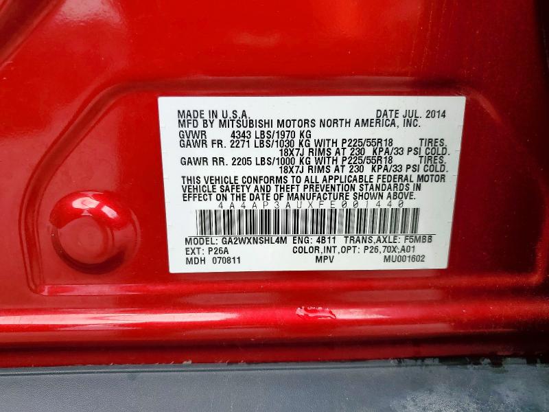73129616 :رقم المزاد ، 4A4AP3AUXFE001440 vin ، 2015 Mitsubishi Outlander Sport مزاد بيع