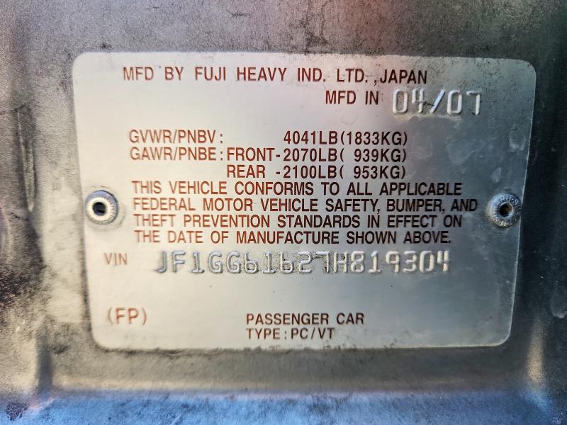 2007 Subaru Impreza მანქანა იყიდება აუქციონზე, vin: JF1GG61627H819304, აუქციონის ნომერი: 71037156