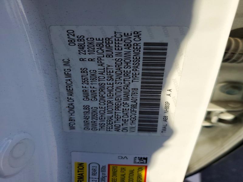 Продаж на аукціоні авто 2020 Honda Accord, vin: 1HGCV3F98LA017618, номер лоту: 72449266