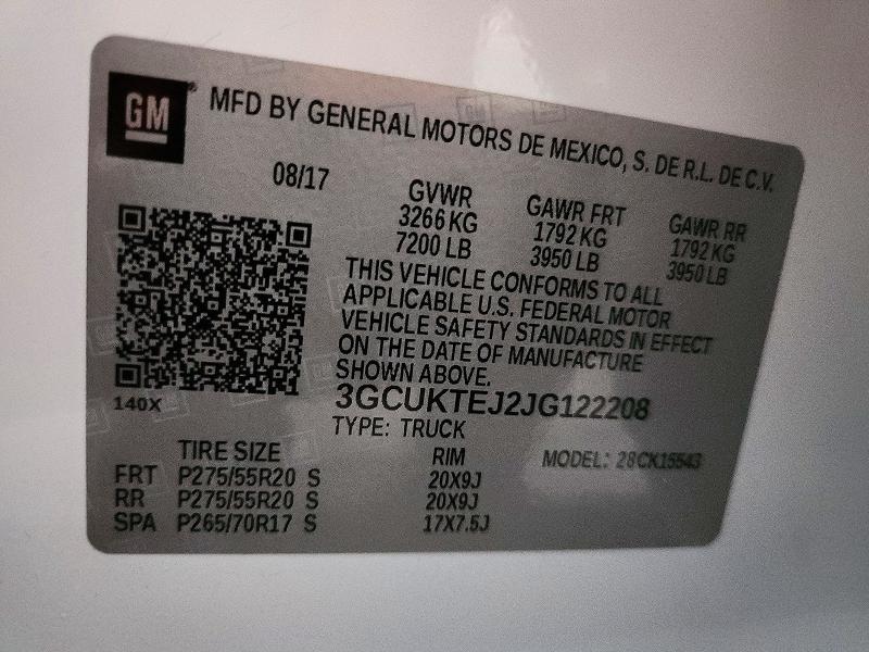 72747286 :رقم المزاد ، 3GCUKTEJ2JG122208 vin ، 2018 Chevrolet Silverado مزاد بيع