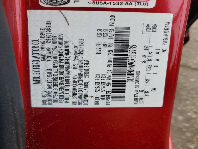 Продаж на аукціоні авто 2012 Ford Fusion, vin: 3FAHP0HA9CR315935, номер лоту: 72962906