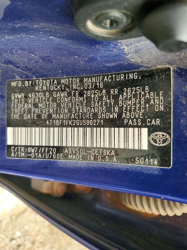 2016 Toyota Camry მანქანა იყიდება აუქციონზე, vin: 4T1BF1FK2GU590271, აუქციონის ნომერი: 72777856