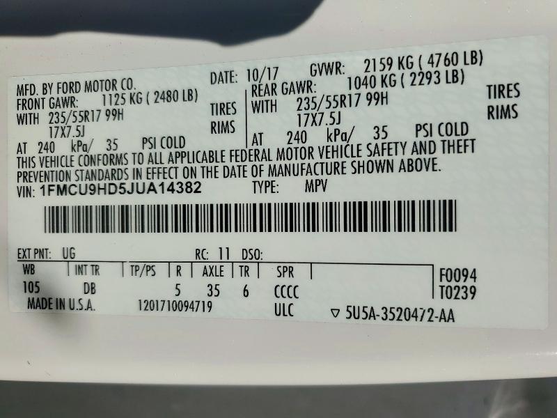72376506 :رقم المزاد ، 1FMCU9HD5JUA14382 vin ، 2018 Ford Escape مزاد بيع