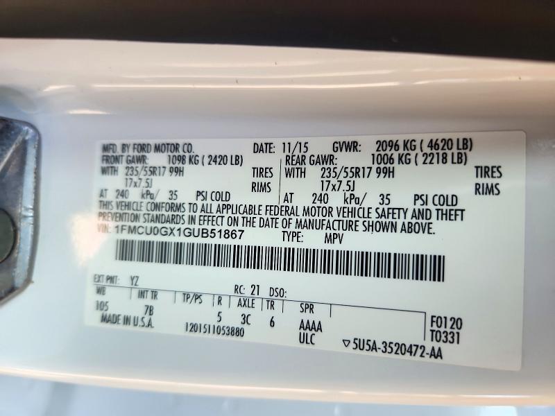 Продаж на аукціоні авто 2016 Ford Escape, vin: 1FMCU0GX1GUB51867, номер лоту: 73379446