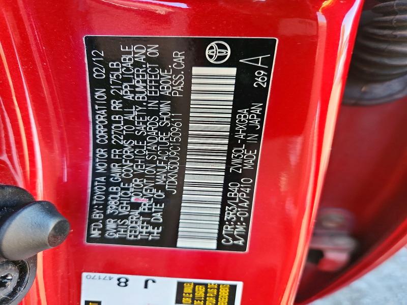 72204876 :رقم المزاد ، JTDKN3DU9C1509611 vin ، 2012 Toyota Prius مزاد بيع