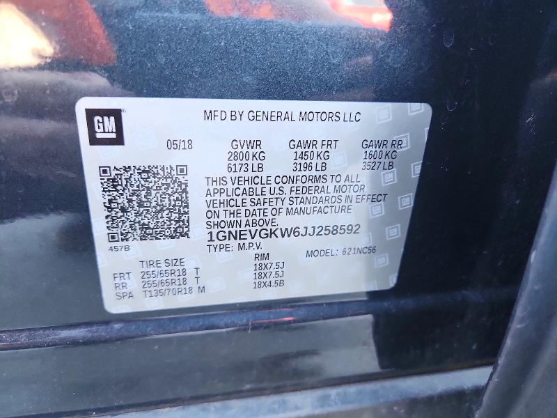72232046 :رقم المزاد ، 1GNEVGKW6JJ258592 vin ، 2018 Chevrolet Traverse مزاد بيع