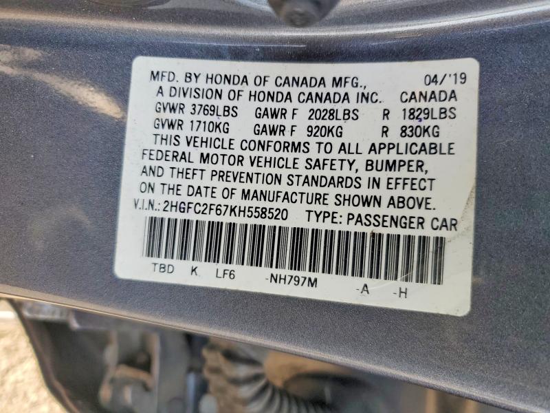 Auction sale of the 2019 Honda Civic, vin: 2HGFC2F67KH558520, lot number: 70976366