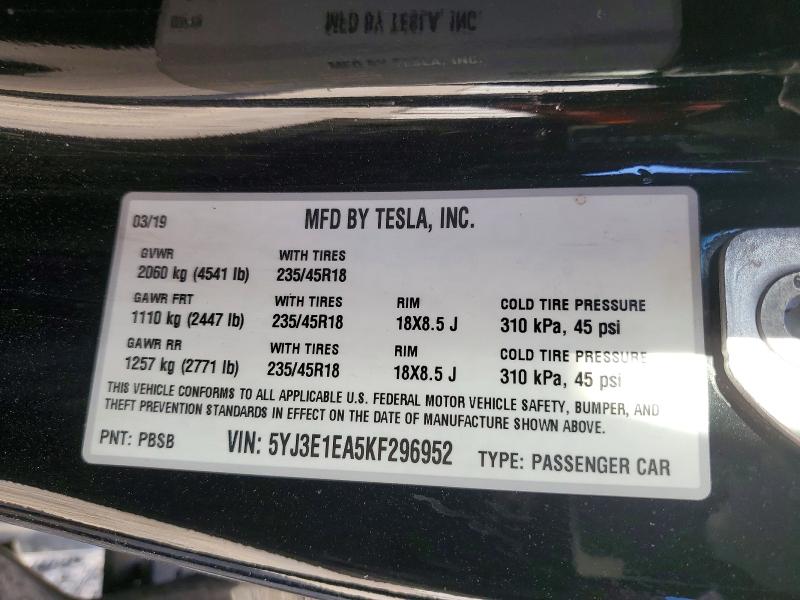 63218566 :رقم المزاد ، 5YJ3E1EA5KF296952 vin ، 2019 Tesla Model 3 مزاد بيع