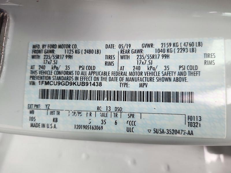 Продаж на аукціоні авто 2019 Ford Escape, vin: 1FMCU9GD9KUB91438, номер лоту: 72727926