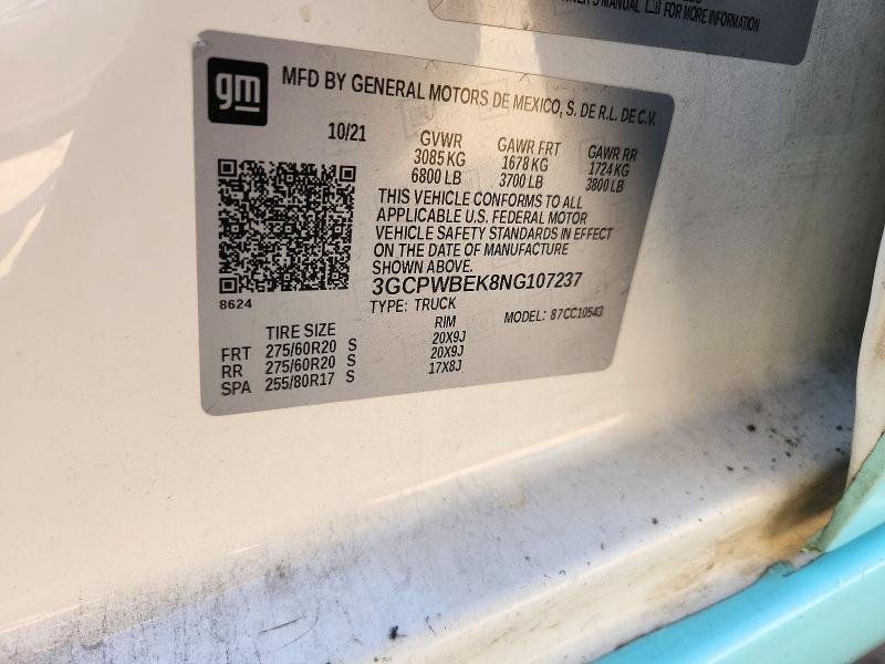 72114536 :رقم المزاد ، 3GCPWBEK8NG107237 vin ، 2022 Chevrolet Silverado Ltd مزاد بيع