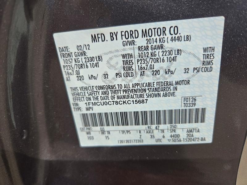 2012 Ford Escape მანქანა იყიდება აუქციონზე, vin: 1FMCU0C78CKC15687, აუქციონის ნომერი: 72244536