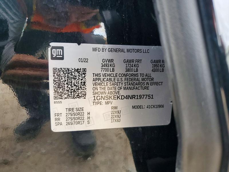 72738566 :رقم المزاد ، 1GNSKEKD4NR197751 vin ، 2022 Chevrolet Suburban مزاد بيع