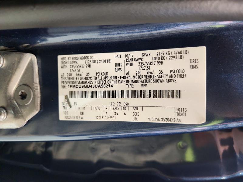73148666 :رقم المزاد ، 1FMCU9GD4JUA58214 vin ، 2018 Ford Escape مزاد بيع