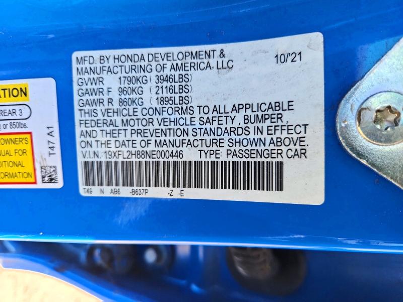 2022 Honda Civic მანქანა იყიდება აუქციონზე, vin: 19XFL2H88NE000446, აუქციონის ნომერი: 71319656