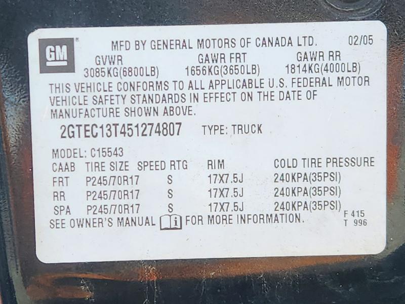 73560696 :رقم المزاد ، 2GTEC13T451274807 vin ، 2005 Gmc New Sierra مزاد بيع