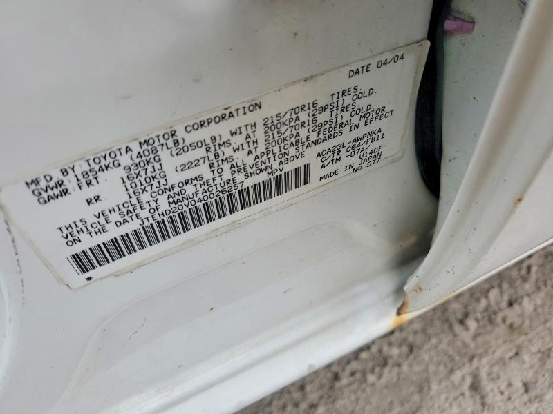 Продаж на аукціоні авто 2004 Toyota Rav4, vin: JTEHD20V040026257, номер лоту: 71294236