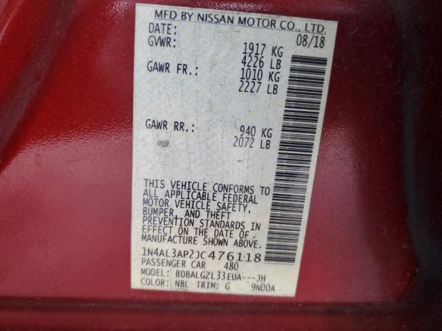 2018 Nissan Altima 2.5 მანქანა იყიდება აუქციონზე, vin: 1N4AL3AP2JC476118, აუქციონის ნომერი: 77008723