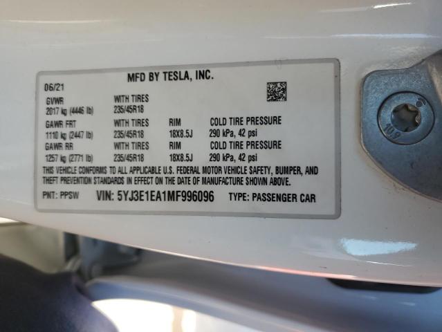 2021 Tesla Model 3 მანქანა იყიდება აუქციონზე, vin: 5YJ3E1EA1MF996096, აუქციონის ნომერი: 76539893