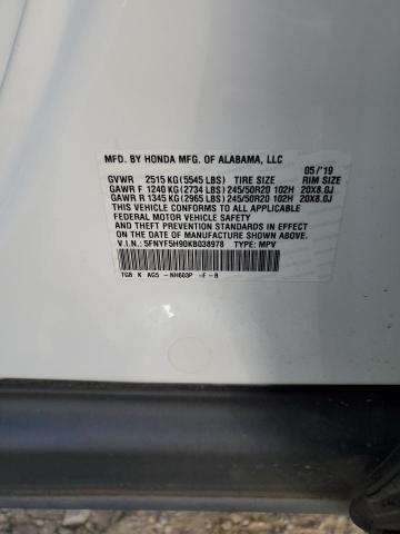 Aukcja sprzedaży 2019 Honda Pilot Touring, vin: 5FNYF5H90KB038978, numer aukcji: 75680443
