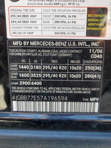 75465683 :رقم المزاد ، 4JGBB77E57A196594 vin ، 2007 Mercedes-benz Ml 63 Amg مزاد بيع