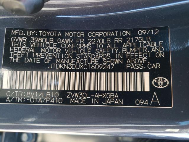 76873593 :رقم المزاد ، JTDKN3DUXC1609247 vin ، 2012 Toyota Prius مزاد بيع