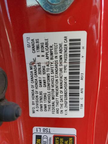 75046633 :رقم المزاد ، 2HGFG3B82CH554104 vin ، 2012 Honda Civic Ex مزاد بيع
