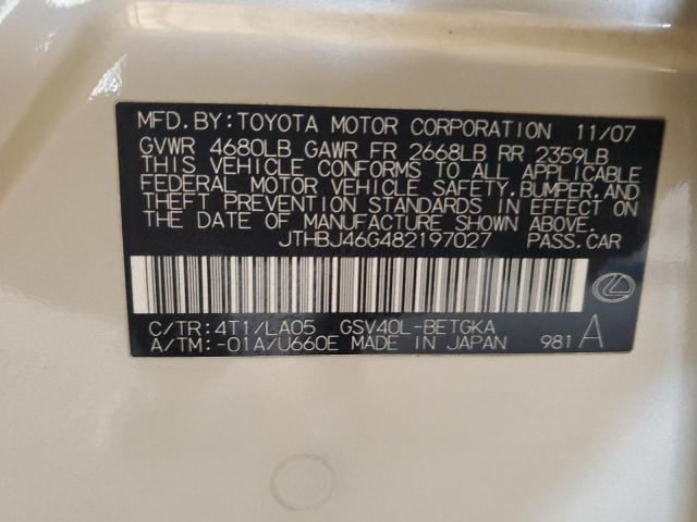 Продаж на аукціоні авто 2008 Lexus Es 350, vin: JTHBJ46G482197027, номер лоту: 76088013