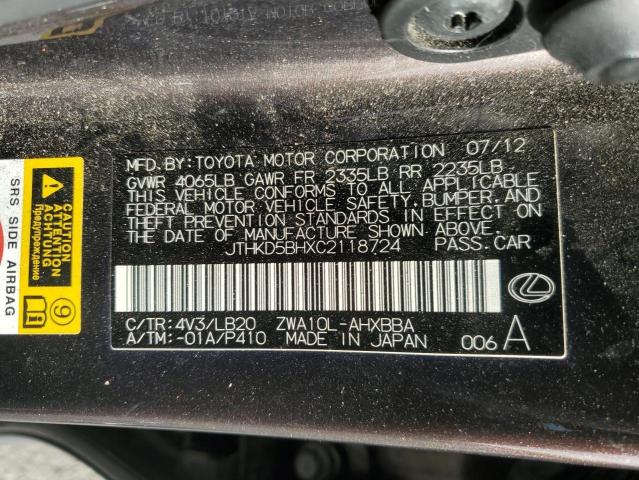 Aukcja sprzedaży 2012 Lexus Ct 200, vin: JTHKD5BHXC2118724, numer aukcji: 77565693