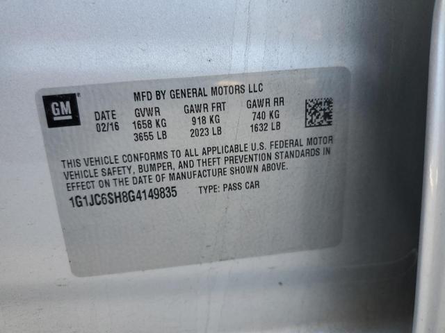 75305803 :رقم المزاد ، 1G1JC6SH8G4149835 vin ، 2016 Chevrolet Sonic Lt مزاد بيع