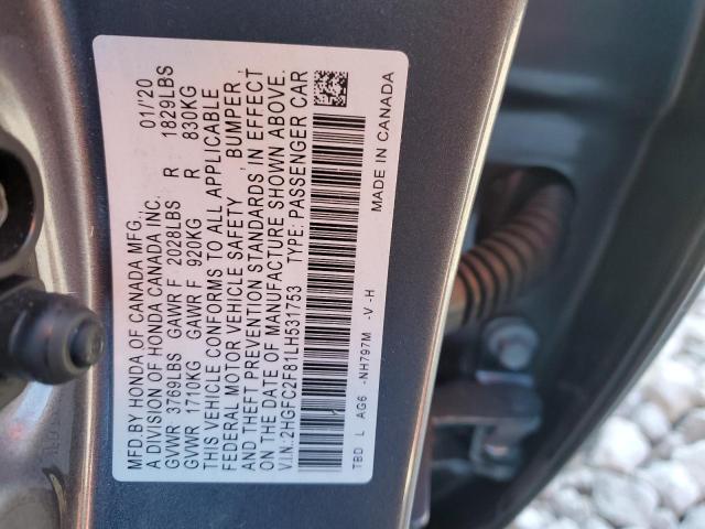 76162073 :رقم المزاد ، 2HGFC2F81LH531753 vin ، 2020 Honda Civic Sport مزاد بيع