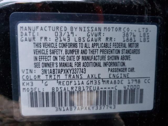 Aukcja sprzedaży 2019 Nissan Sentra S, vin: 3N1AB7APXKY337743, numer aukcji: 74348273