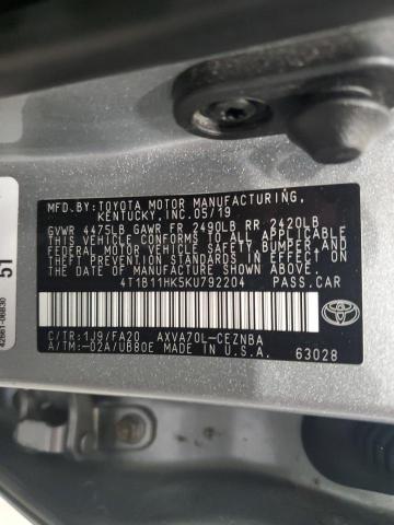 2019 Toyota Camry მანქანა იყიდება აუქციონზე, vin: 4T1B11HK5KU792204, აუქციონის ნომერი: 80239174