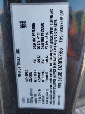 Aukcja sprzedaży 2024 Tesla Model 3, vin: 5YJ3E1EA3RF872936, numer aukcji: 79802144