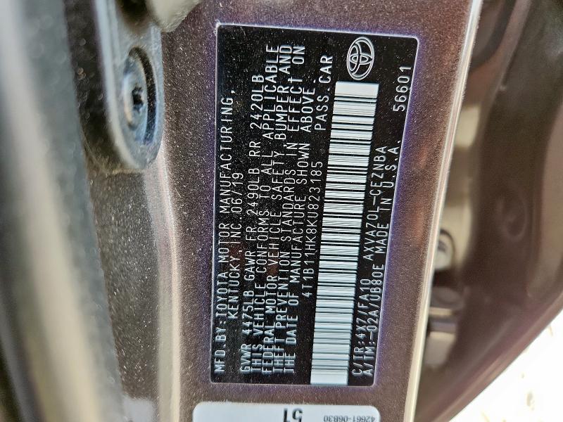 2019 Toyota Camry L მანქანა იყიდება აუქციონზე, vin: 4T1B11HK8KU823185, აუქციონის ნომერი: 92492315