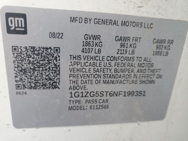 Продажа на аукционе авто 2022 Chevrolet Malibu, vin: 1G1ZG5ST6NF199351, номер лота: 91974055