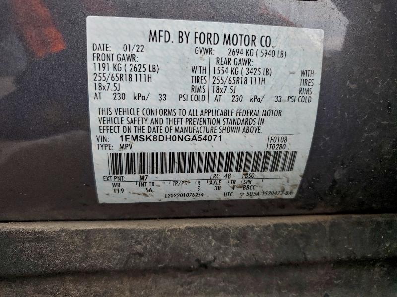 94442365 :رقم المزاد ، 1FMSK8DH0NGA54071 vin ، 2022 Ford Explorer X مزاد بيع