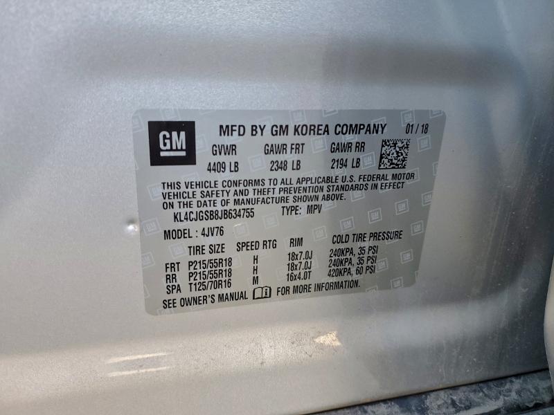 2018 Buick Encore მანქანა იყიდება აუქციონზე, vin: KL4CJGSB8JB634755, აუქციონის ნომერი: 93809305