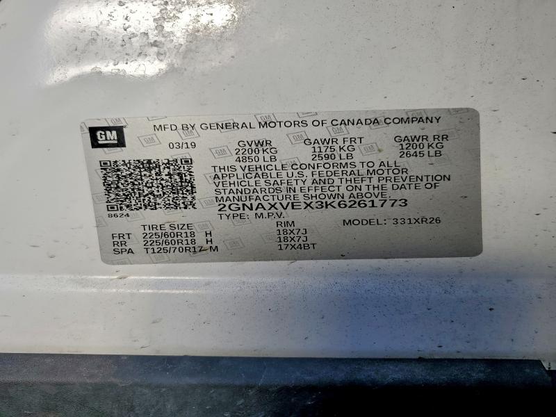 93882325 :رقم المزاد ، 2GNAXVEX3K6261773 vin ، 2019 Chevrolet Equinox Lt مزاد بيع