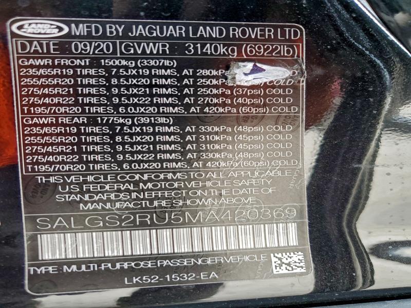 94171405 :رقم المزاد ، SALGS2RU5MA420369 vin ، 2021 Land Rover Range Rover مزاد بيع