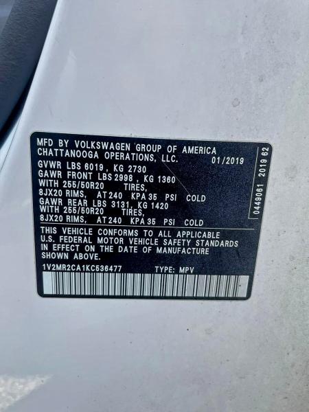 2019 Volkswagen Atlas Sel მანქანა იყიდება აუქციონზე, vin: 1V2MR2CA1KC536477, აუქციონის ნომერი: 94599995