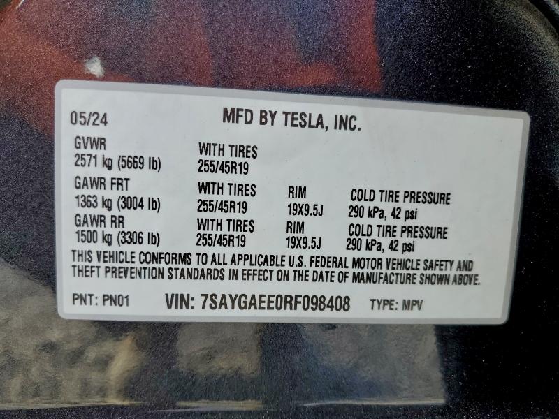 94413735 :رقم المزاد ، 7SAYGAEE0RF098408 vin ، 2024 Tesla Model Y مزاد بيع