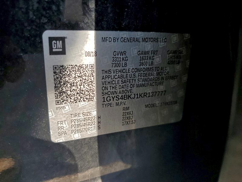 94124045 :رقم المزاد ، 1GYS4BKJ1KR137777 vin ، 2019 Cadillac Escalade مزاد بيع