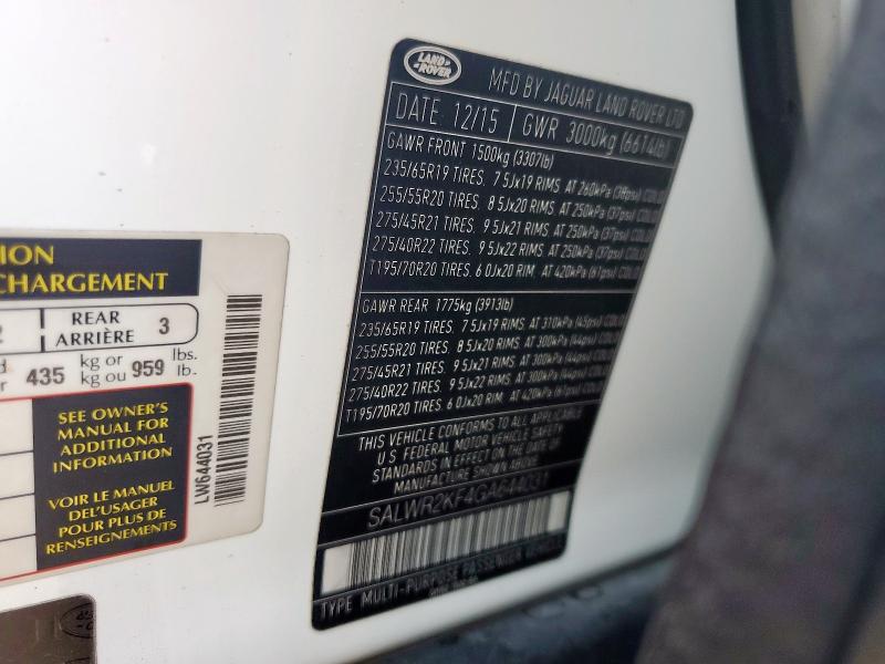 91782955 :رقم المزاد ، SALWR2KF4GA644031 vin ، 2016 Land Rover Range Rover Hse Diesel مزاد بيع