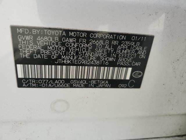 2011 Lexus Es მანქანა იყიდება აუქციონზე, vin: JTHBK1EG9B2438116, აუქციონის ნომერი: 93127375