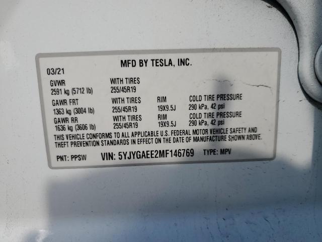 2021 Tesla Model Y მანქანა იყიდება აუქციონზე, vin: 5YJYGAEE2MF146769, აუქციონის ნომერი: 92748135